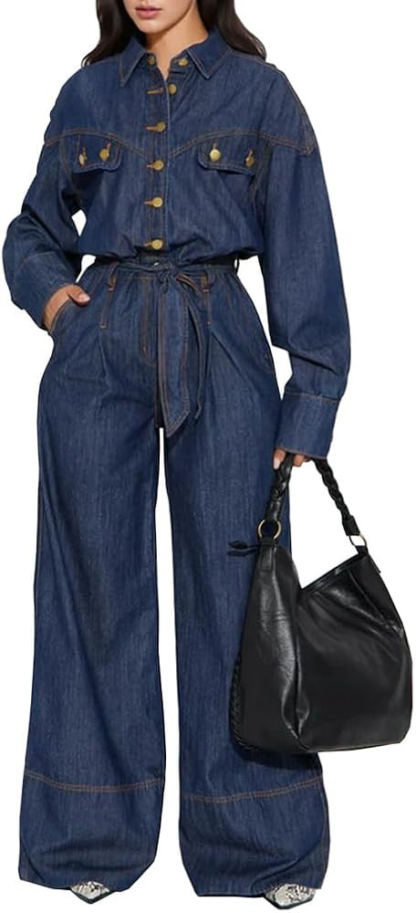 Women's High Waisted Long Sleeve Denim Jumpsuit Casual Button Lapel Lace-Up Wide Leg Romper | Amazon (US)