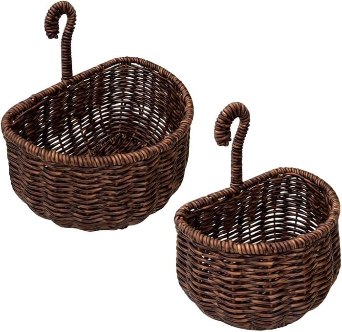 2-Pack Hand Woven Hanging Wall Storage Basket, Vintage Rattan Hanging Organizer Bin with Curved H... | Amazon (US)