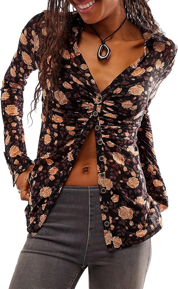 Women Button up Long Shirt Casual Print Ruched Long Sleeve Blouse Fitted Work Tops for Streetwear | Amazon (US)