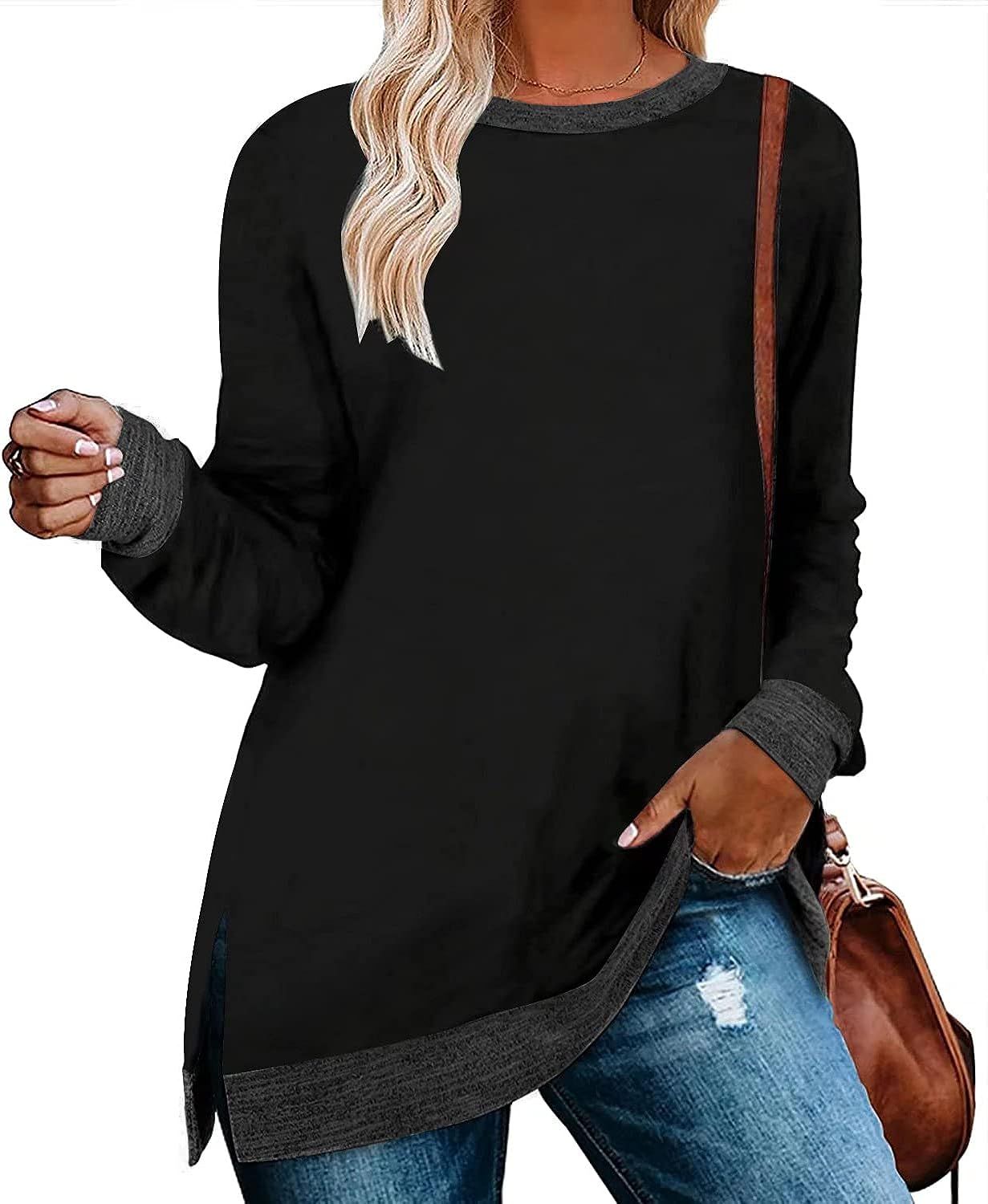 Womens Crewneck Pullovers Color Block Long Sleeve Side Split Tunic Tops | Amazon (US)