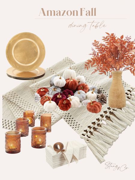 Fall dining table inspiration - all from Amazon. This tablescape includes a natural table runner, velvet pumpkins, Fall faux stems in a natural wood vase, glass votive candle holders, gold charger plates, cloth napkins and wood napkin rings. 

Fall decor, fall table, thanksgiving table, table decor, fall home decor 

#LTKstyletip #LTKunder50 #LTKSeasonal