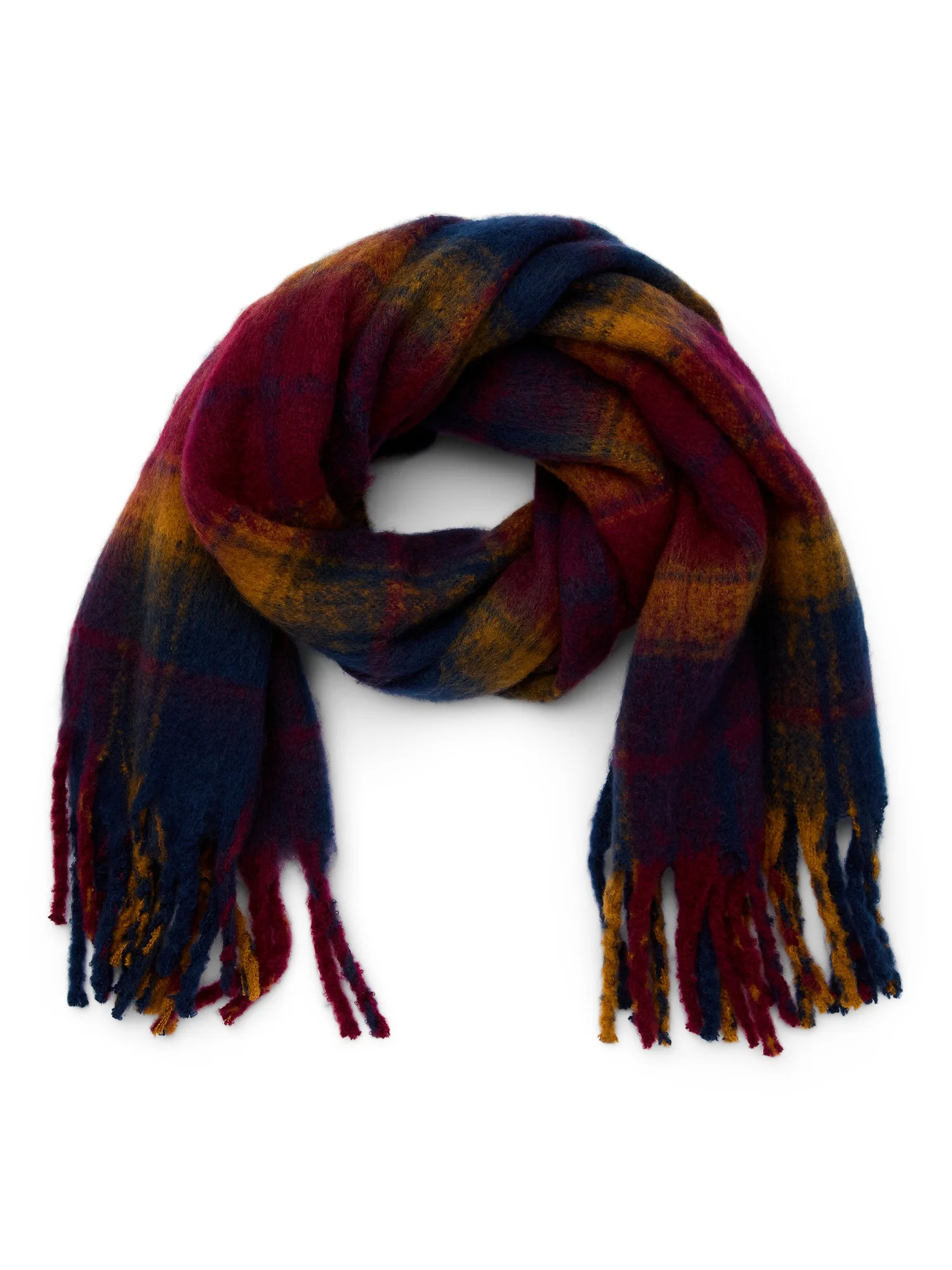 Time and Tru Women's Fringed Plaid Winter Scarf, Wine | Walmart (US)