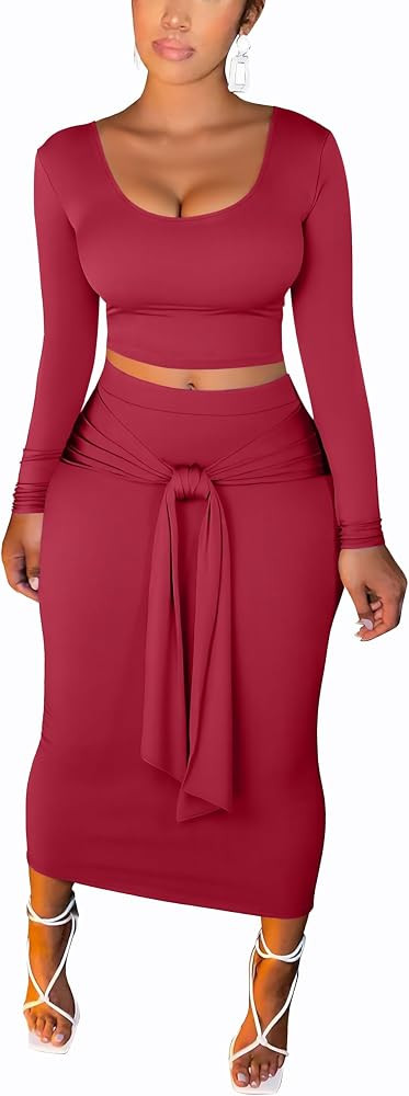 FANDEE Skirt Sets Women 2 Piece Outfits Plus Size Midi Dresses For Curvy Women, Long Sleeves Top ... | Amazon (US)
