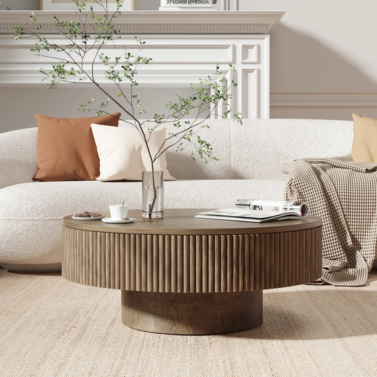 Fynlee Pedestal Round Coffee Table, Handcrafted Solid Wood Fluted Design | Wayfair North America