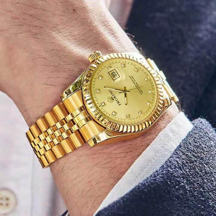 Proking Men's Waterproof Golden Wrist Watch With Quartz Movement, Five Beads Decor, Business Styl... | SHEIN