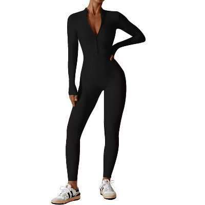 Ecupper Womens One Piece Workout Jumpsuits Zip Up Bodysuit Long Sleeve Yoga Rompers Full Length Sports Gym Shapewear Black XL | Target