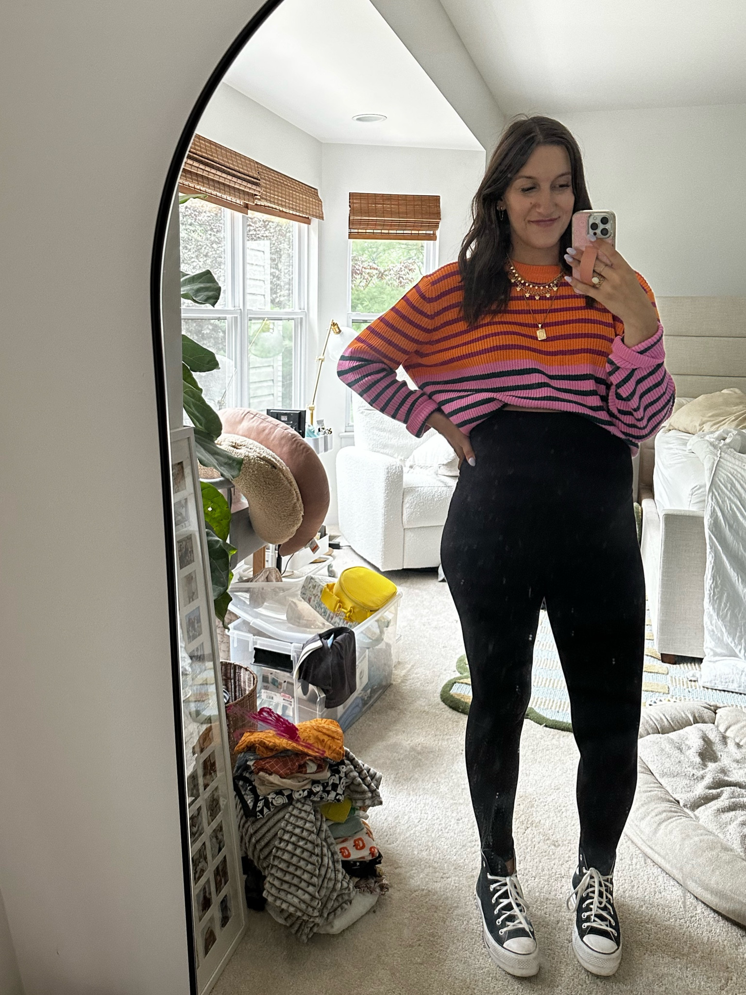 33.5 weeks: maternity leggings have been a go to! A tee or sweater tucked up into the bra to sit on top of the bump is perfect! 

Sweater: size medium (TTS), KARRIE15 should give 15% off too! 
Leggings: TTS
