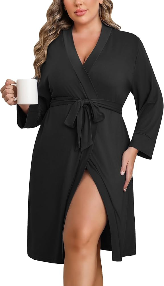 Ekouaer Women Plus Size Robe Knee Length Lightweight Bathrobe Short Kimono Robes with Pockets Mat... | Amazon (US)