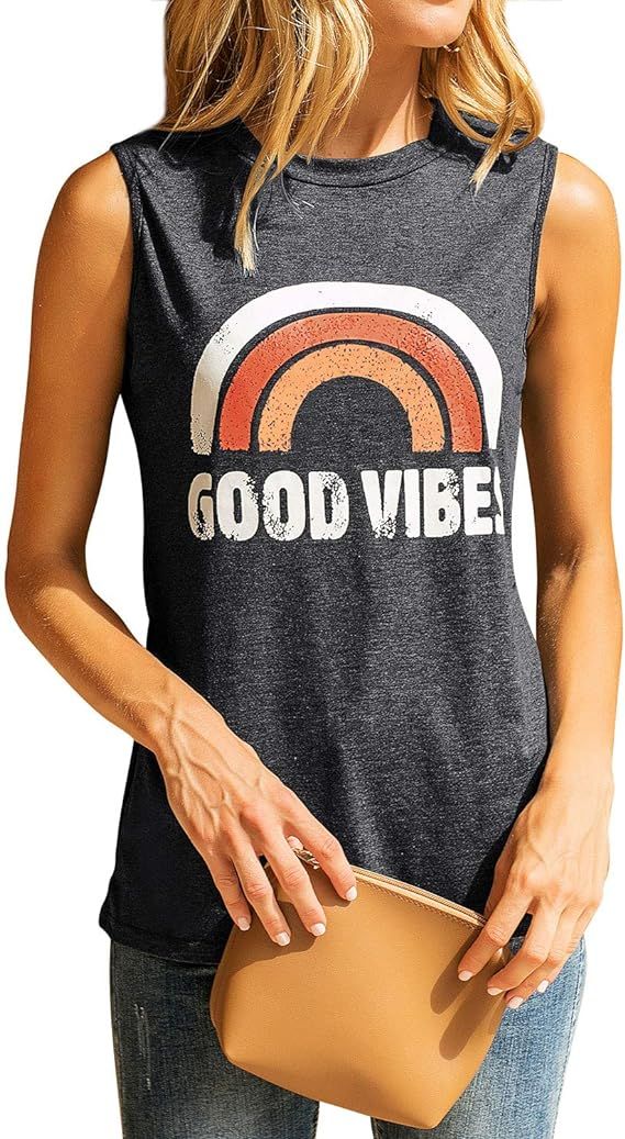 OUNAR Women Good Vibes Tank Top Loose Fit Shirt Rainbow Graphic Casual Sleeveless | Amazon (US)