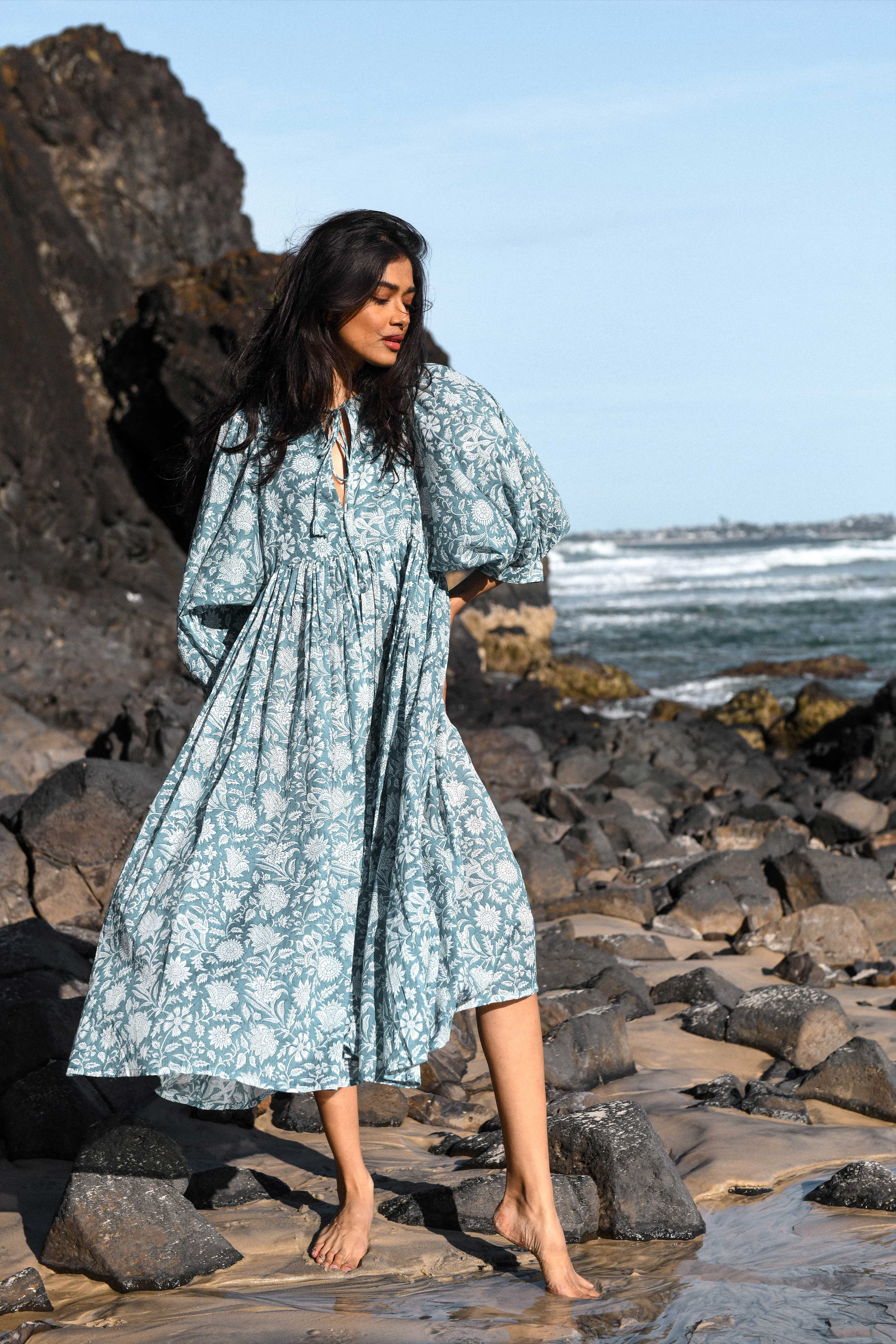 Kyra Midi Dress ~ Ocean Blue | Daughters of India