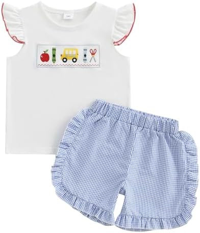 Kids Toddler Little Girls Back to School Outfit First Day of School Embroidery Ruffle Top and Pla... | Amazon (US)
