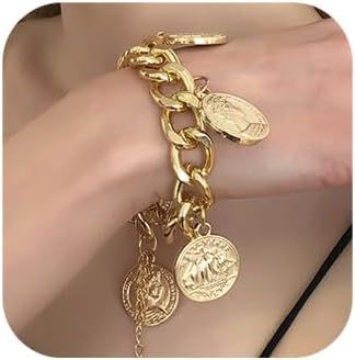 Chunky Chain Bracelet Punk Cuban Curb Link Chain Bracelet Statement Gold Coin Bracelet for Women ... | Amazon (US)