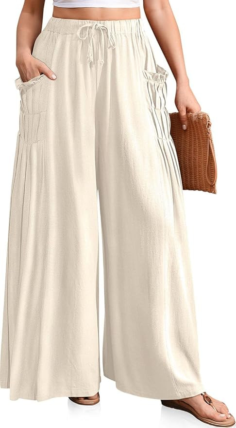TARSE Women Linen Palazzo Pants Summer Wide Leg Boho Drawstring Casual Lounge Pant Beach Travel V... | Amazon (US)