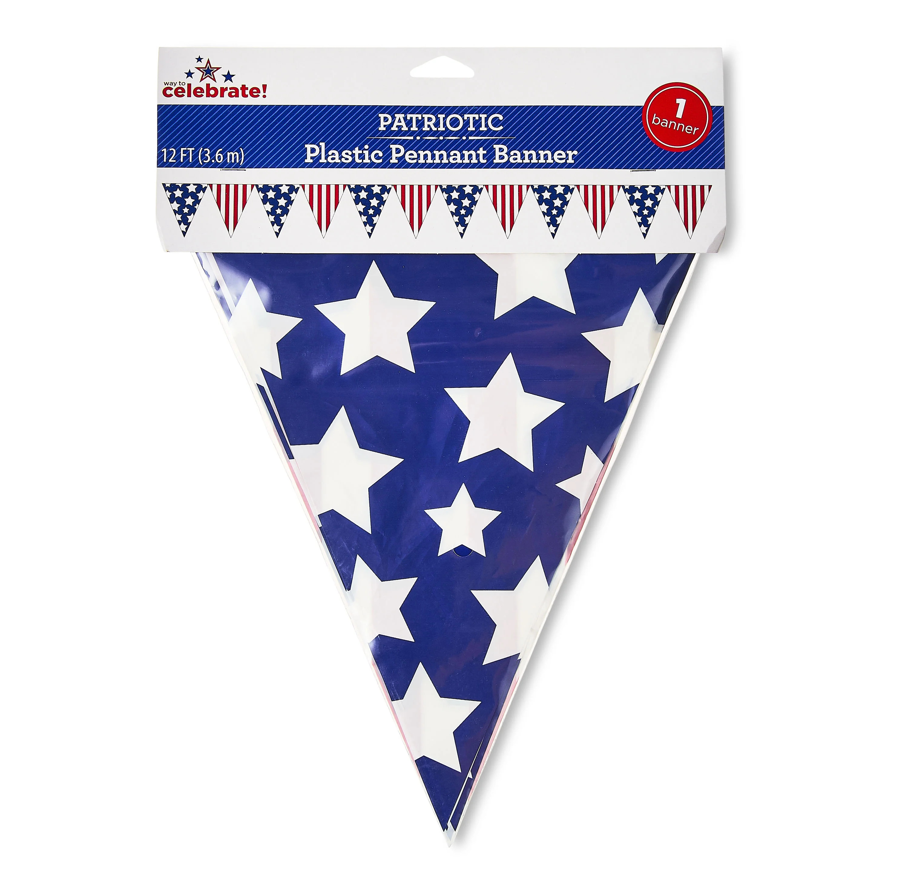 Patriotic Red, White & Blue Stars Plastic Pennant Banner, 12', by Way To Celebrate - Walmart.com | Walmart (US)