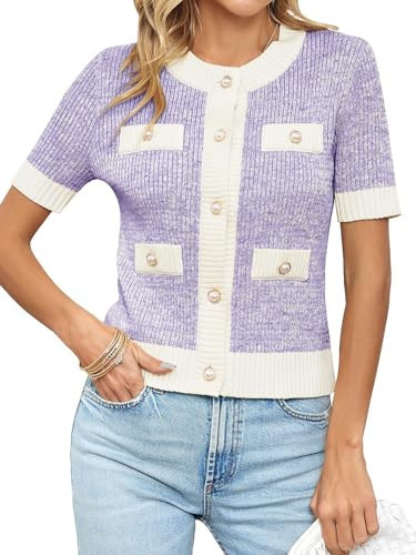 Langwyqu Womens Short Sleeve Cropped Cardigans Sweater Button Down Summer Lightweight Knit Crew Neck Elegant Tops Purple | Amazon (US)