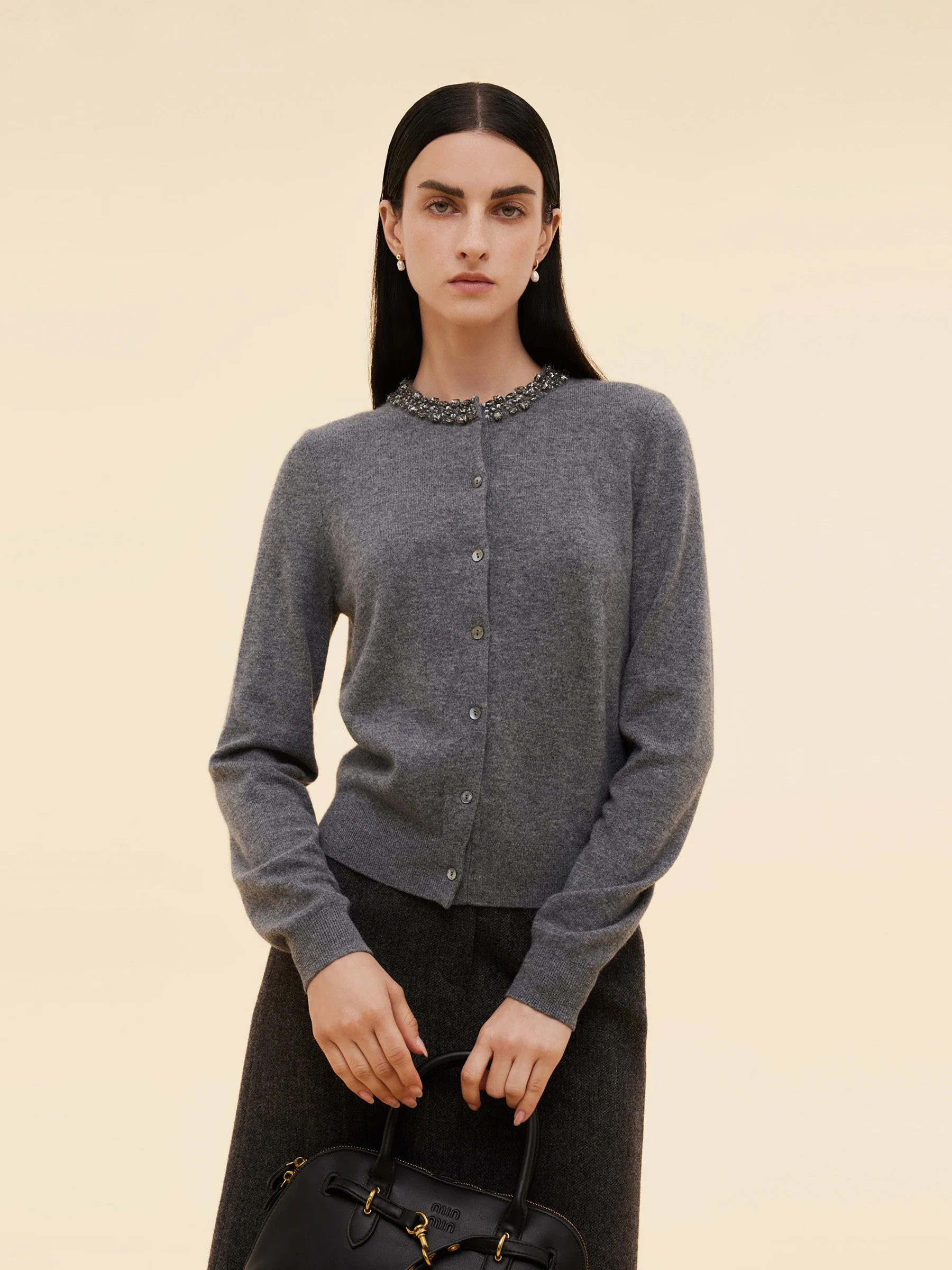 100% Wool Beaded Round Neck Women Cardigan - Dark Melange Grey / M | GOELIA