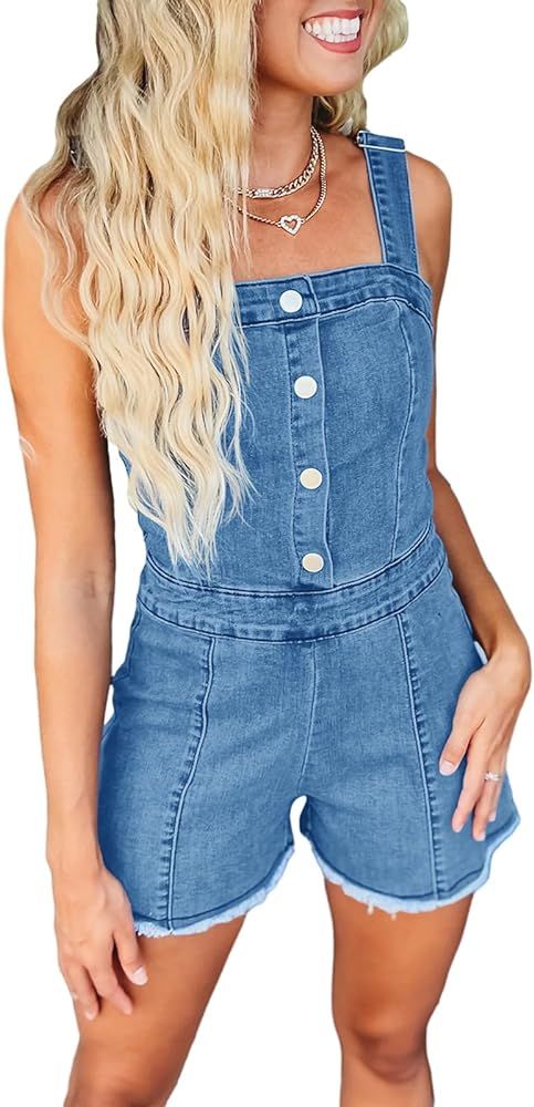 PLNOTME Womens Cute Denim Rompers Summer Square Neck Adjustable Straps Button Up Front Jeans Shor... | Amazon (US)