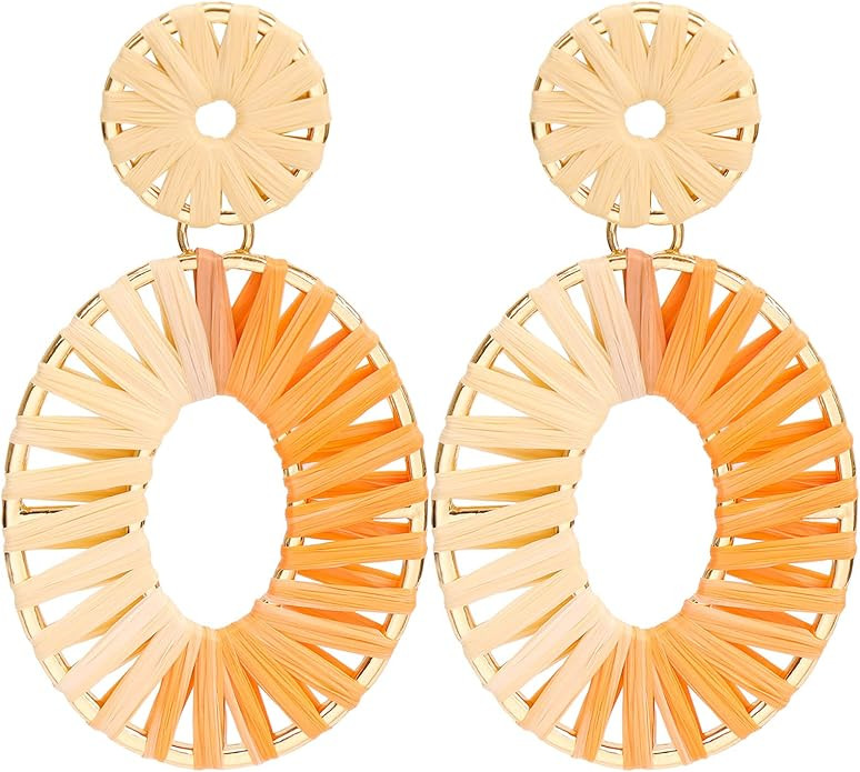 BaubleStar Raffia Tassel Hoop Drop Earrings Handmade Fashion Statement Jewelry for Women Girls | Amazon (US)