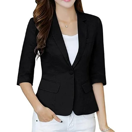 WSPLYSPJY Women Work Casual 3/4 Sleeve Linen Blazer Jackets Suit Black 2XL | Walmart (US)