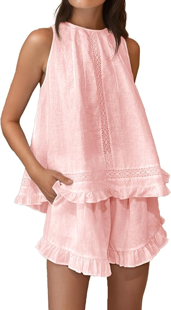 Womens Ruffle Pajama Set Cotton 2 Piece Sets Summer Sleeveless Lace Trim Top and Shorts | Amazon (US)