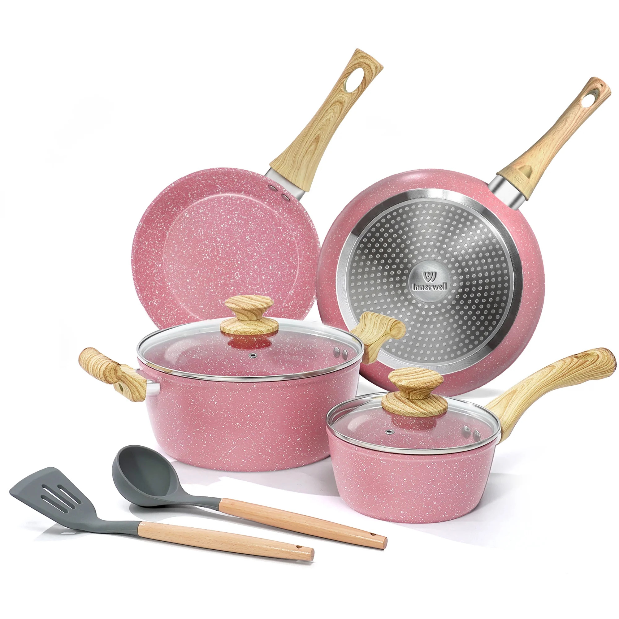 Innerwell 8 Pcs Nonstick Cookware Sets Granite Stone Kitchen Frying Pan Set Cooking Pink Cookware... | Walmart (US)