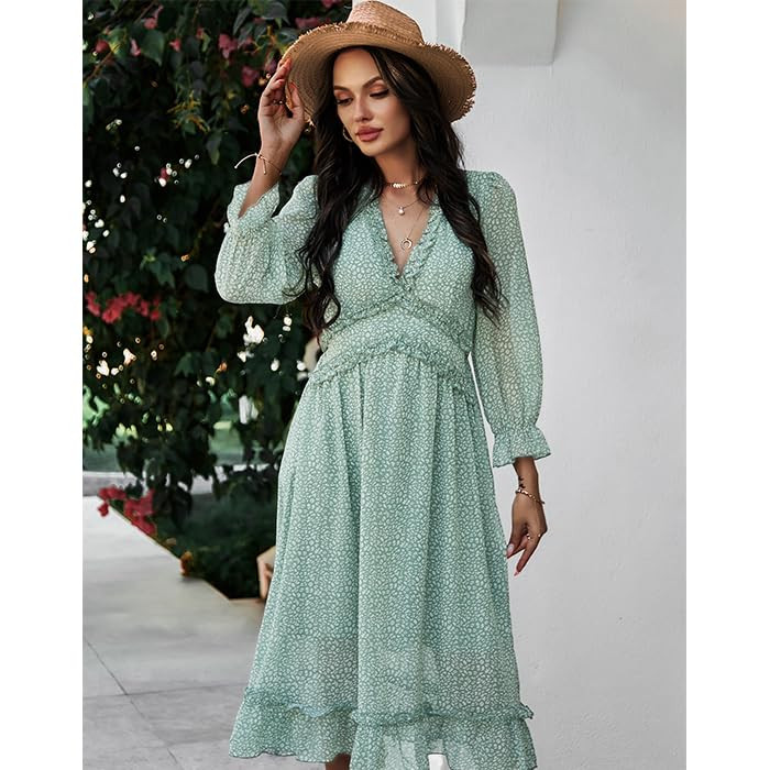 MOPOOGOSS Womens Fall Spring Summer Sexy V Neck Ruffle Long Sleeve Short Sleeve Floral Print A Line  | Amazon (US)