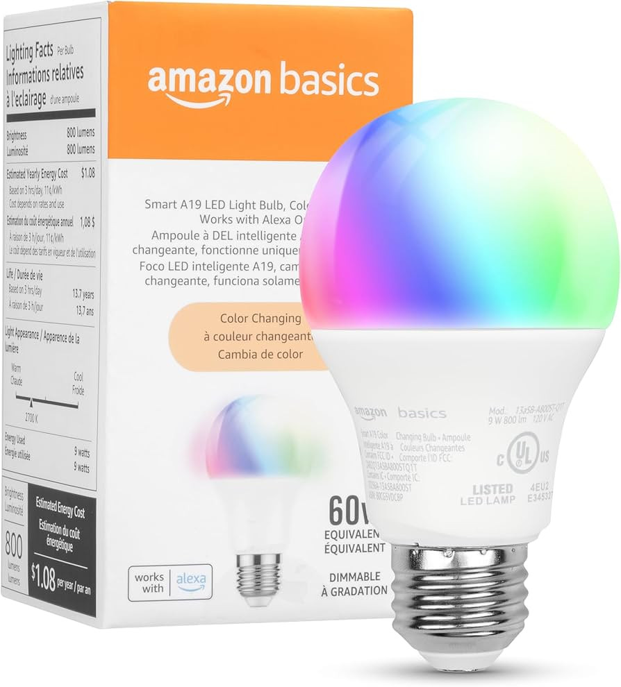 Amazon Basics Smart A19 LED Light Bulb, Color Changing, 9W (60W Equivalent), 800LM, Works with Al... | Amazon (US)