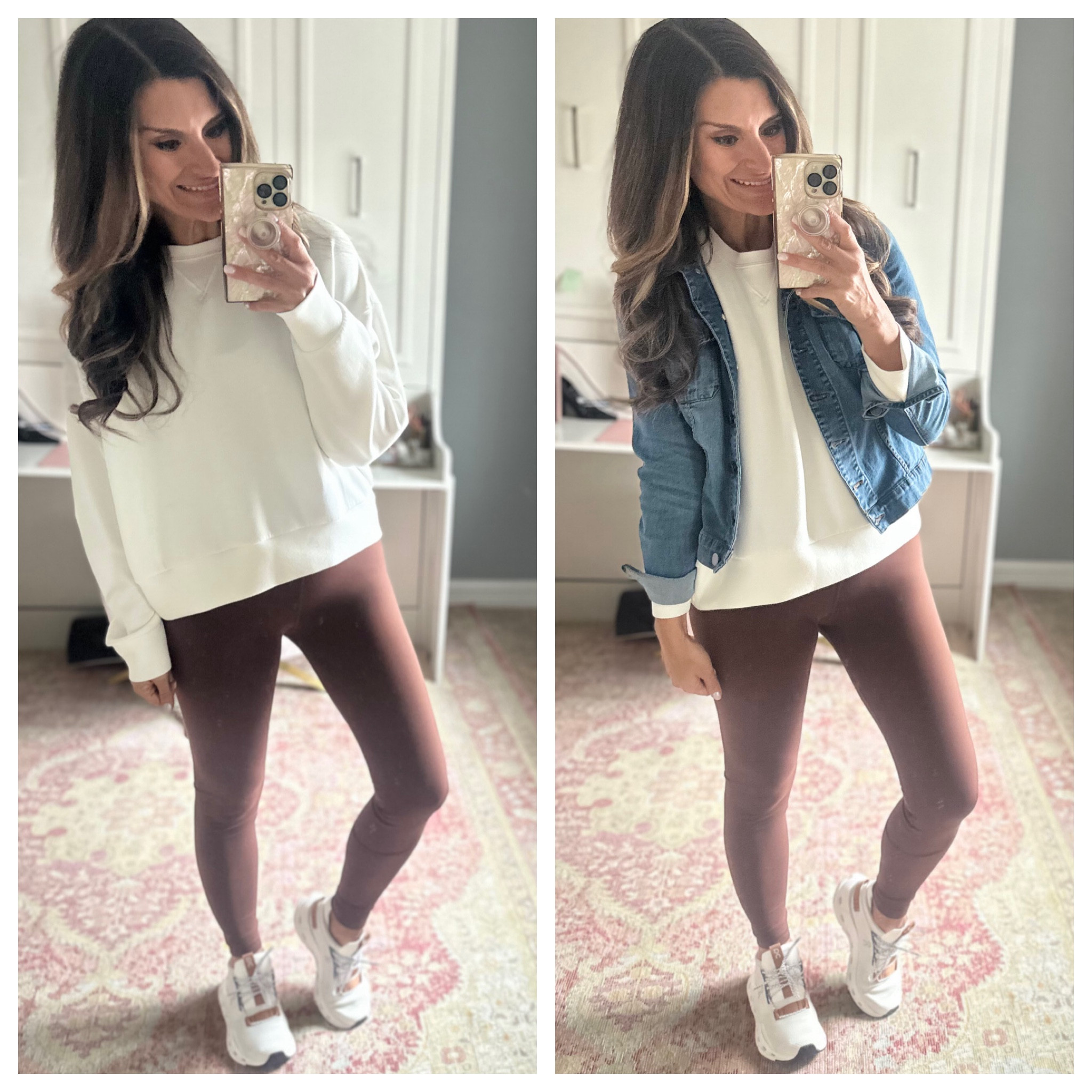 Casual outfit with a jean jacket and brown leggings 

#LTKover40 #LTKstyletip #LTKfindsunder50