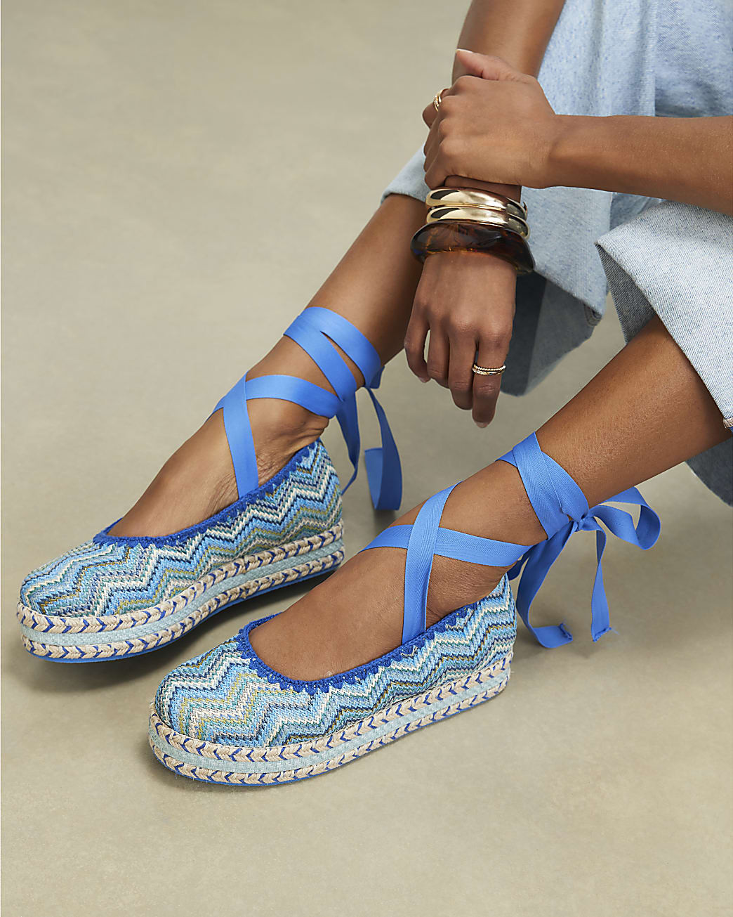 Blue Zig Zag Raffia Lace Up Flatform Shoes | River Island UK & IE