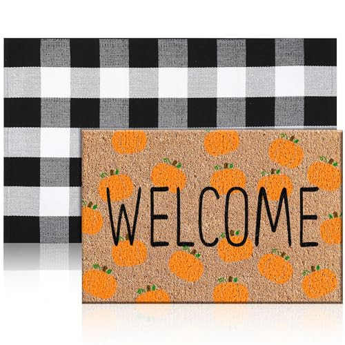Moucuny 2 Pcs Fall Coir Doormat Outdoor Pumpkin Maple Leave Welcome Outdoor Mat Layered Buffalo Plaid Mat Mats for Autumn Front Porch Entryway Decor (Orange Pumpkin) | Amazon (US)