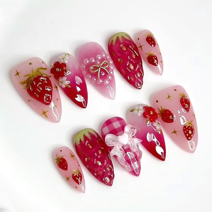 24Pcs Strawberry Flower Press on Nails Medium Almond Fake Nails Cute Floral Strawberry False Nail... | Amazon (US)