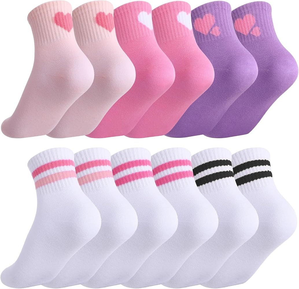Jspupifip 6 Pairs Kids Girls Pink White Crew Athletic Socks with Stripes Hearts,Casual Stretchy S... | Amazon (US)
