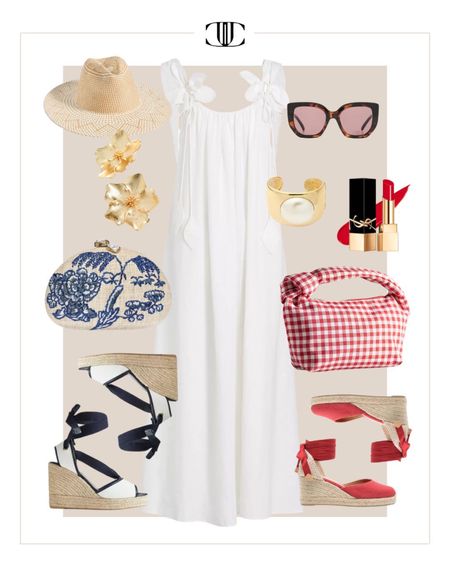 Here are a few ideas for what to wear on Memorial Day depending on what activities you have planned. 

White dress, midi dress, linen dress, espadrilles, clutch, tote bag, sunglasses, sun hat, summer look, summer outfit