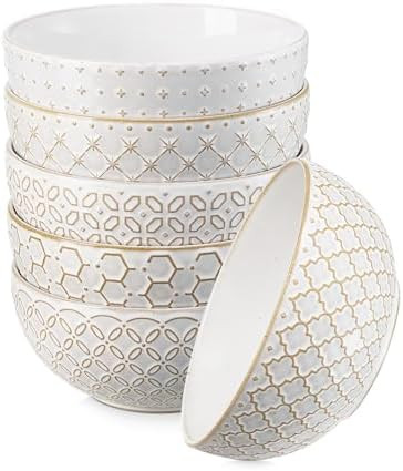 DOWAN Soup Bowls Set of 6, 26 OZ Cereal Bowls for Kitchen, 6" Ceramic Embossment Bowl for Salad, ... | Amazon (US)