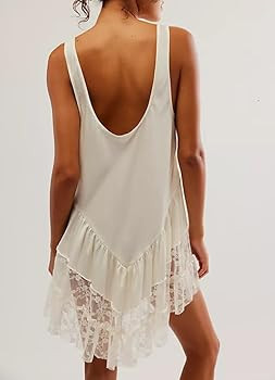 Women Satin Lace Mini Dress Slip Sleeveless Patchwork Lace Tiered Drop Waist Babydoll Short Dress... | Amazon (US)