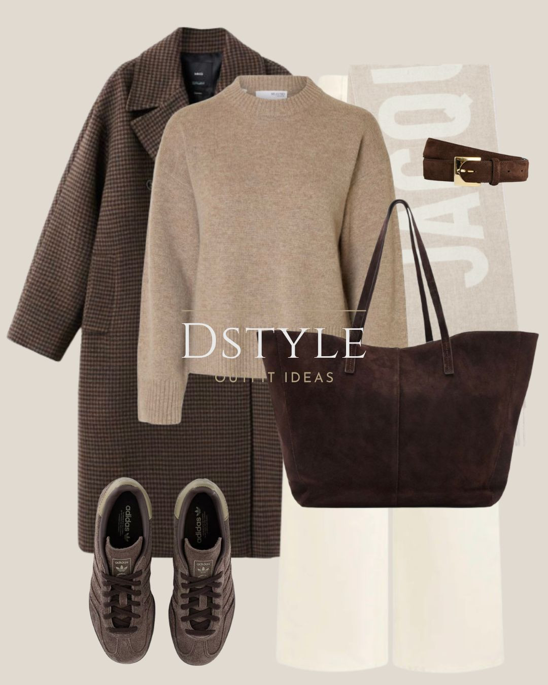 Mango Coat & Adidas Gazelles. ✨ Obsessed with this color palette! This look combines a luxe brown plaid coat with an essential mock-neck sweater and cream wide-leg jeans. The suede tote bag and Adidas Gazelle sneakers add a cool, casual touch. Whether you're running errands or meeting friends, this is the ultimate effortless outfit. Shop all the links now! 

 #LTKshoecrush #AdidasGazelle #SuedeBag #MangoStyle #TransitionalOutfit #EverydayStyle #OutfitInspo #LTKootd #LTKFindsUnder100 #LTKWorkwear
