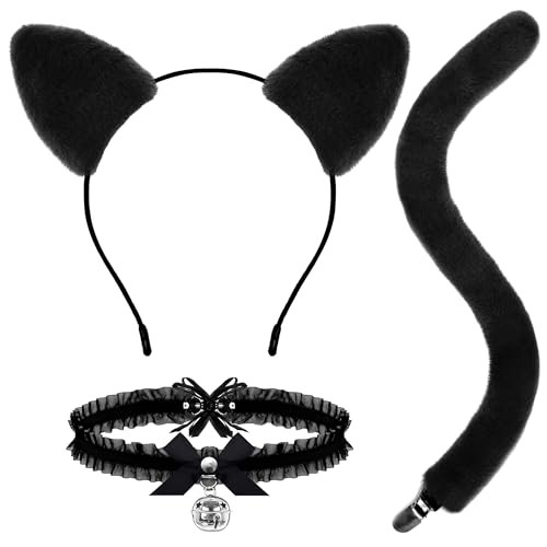 DysanVica Black Cat Costume Accessories - Cute Fluffy Cat Ears Headband Tail Collar for Adult Women Halloween | Amazon (US)