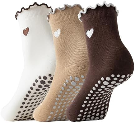 3 Pairs Pilates Socks with Grips Non-slip Ruffle Cute Heart Yoga Grip Sock for Women | Amazon (US)