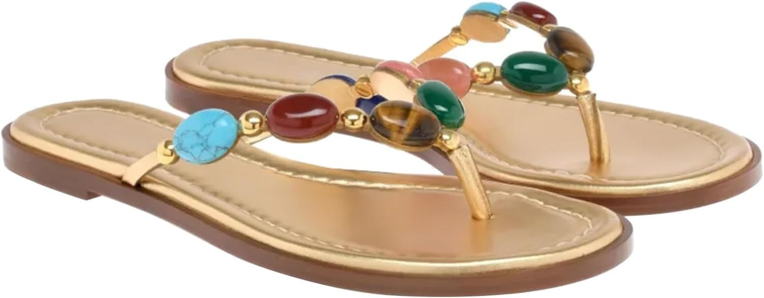 Women Jewelled Thong Strap Open Round Toe Flip Flops Comfy Slip on Flats Sandals Casual Summer Be... | Amazon (US)
