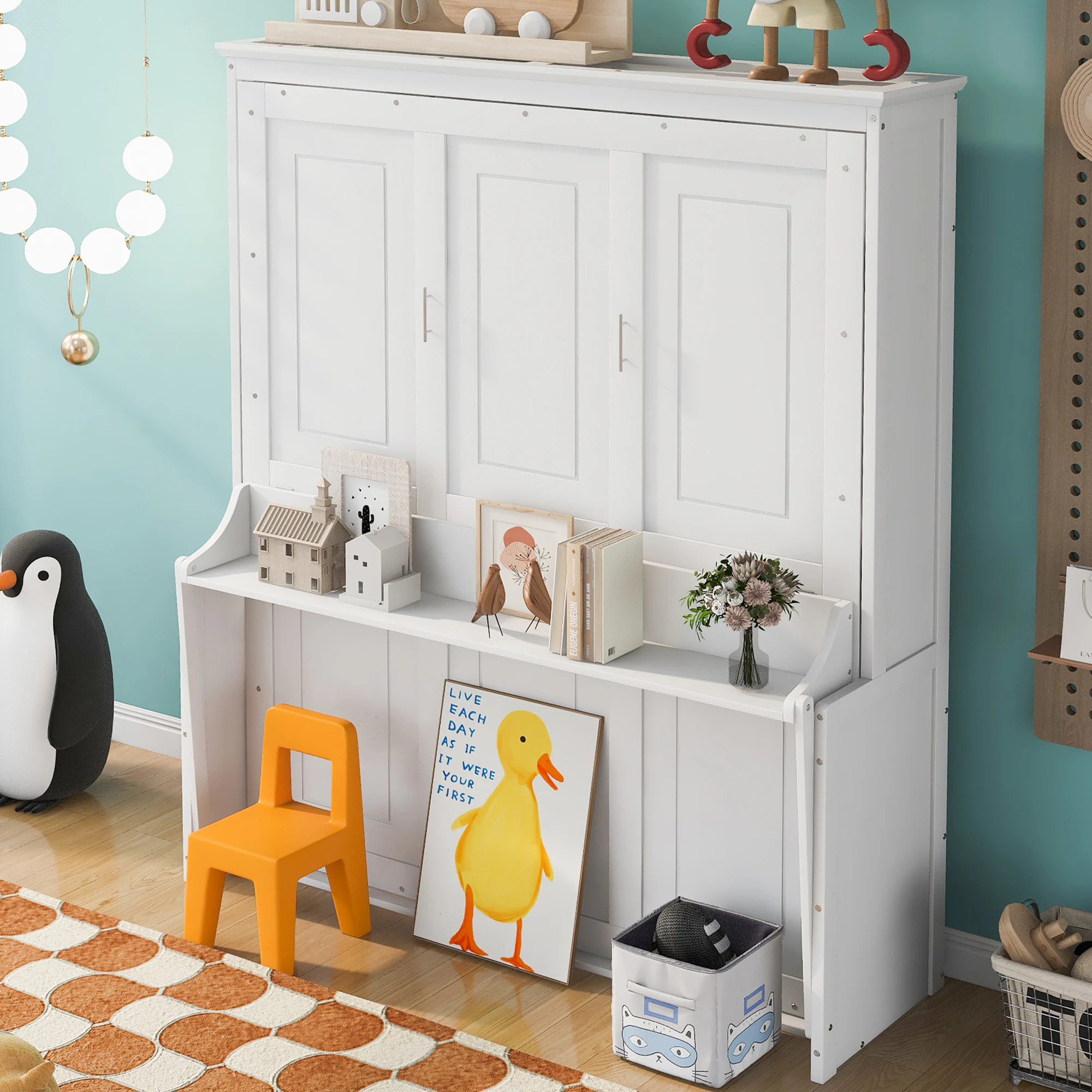 GDFStudio Rowan Wood Murphy Bed with Storage Shelf-Queen size-White one_size | 337350 | Lowe's