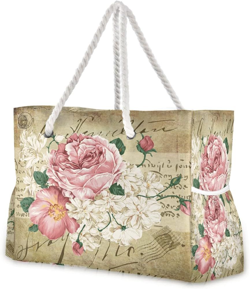 Large Zip Tote Beach Bag ,Oversize Vintage Shabby Chic Pink Rose Floral Tote Bag Shoulder Bag Weeken | Amazon (US)