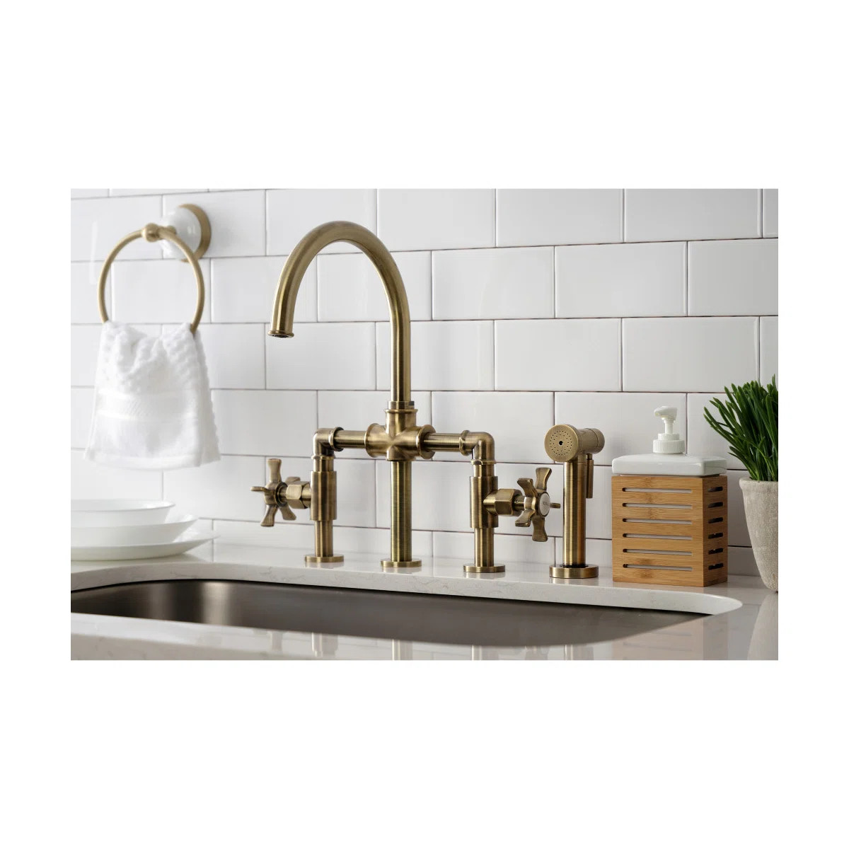 Kingston Brass Two-Handle 4-Hole Deck Mount Industrial Style Bridge Kitchen Faucet with Brass Sid... | Wayfair North America