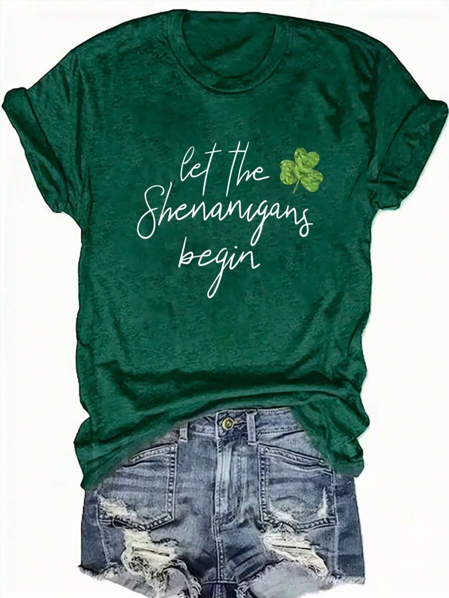 EMERY ROSE Women'S St. Patrick'S Day "Let Shenanigans Begin" Graphic T-Shirt | Dark Green Short S... | SHEIN