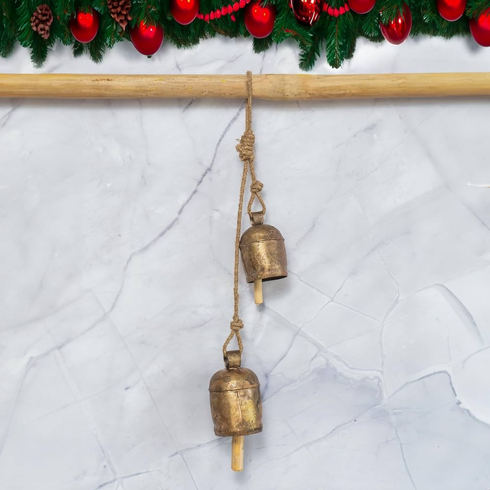 Handmade Iron Bell Hanging Chime Brass Finish Wall Rope 4 Bells Cluster Wall Hanging Décor Bells... | Amazon (US)