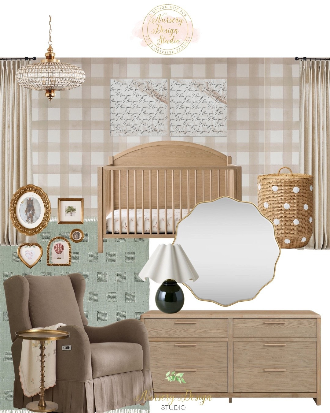 If you’re building a soft, timeless nursery—start here 
Wood crib, neutral gingham wallpaper, tailored curtains, vintage frames, and a cozy glider—all linked to shop.

#LTKBump #LTKmomlife #LTKHome
