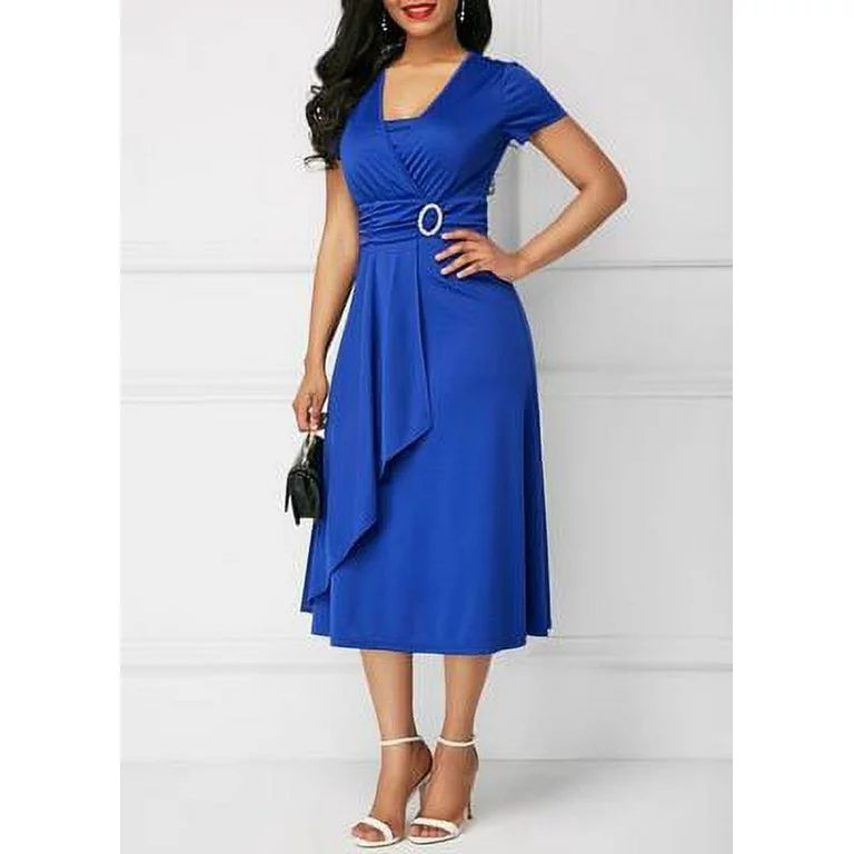 Women Elegant Asymmetric High Waist Solid Casual Short Sleeve V-Neck Dress | Walmart (US)