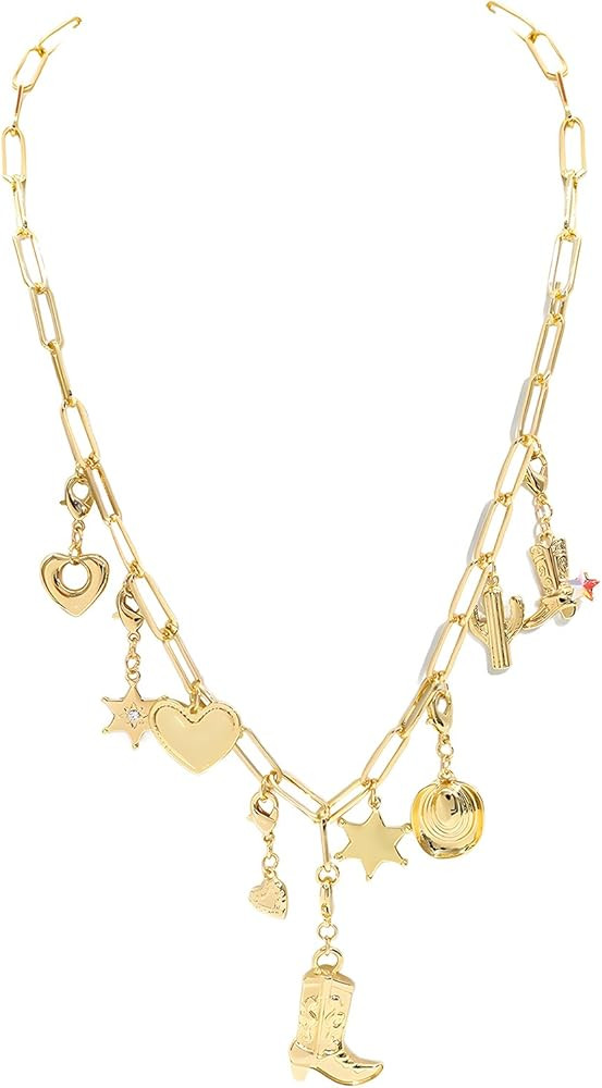 JNF Chunky Layer Heart Charm Necklace for Women Boho Heart Sun Flower Key Coins Charms Necklaces ... | Amazon (US)