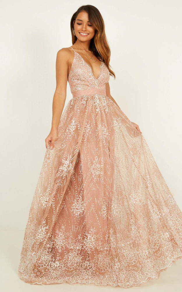 Her Crystal Eyes Maxi Dress In Rose Gold Glitter | Showpo - deactived