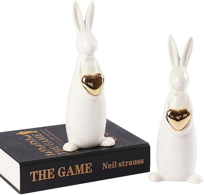 Ceramic Spring Animal Bunny Figurines Ornaments, 1 pc White/Gold Rabbit Bunny, Modern Decor, Home... | Amazon (US)
