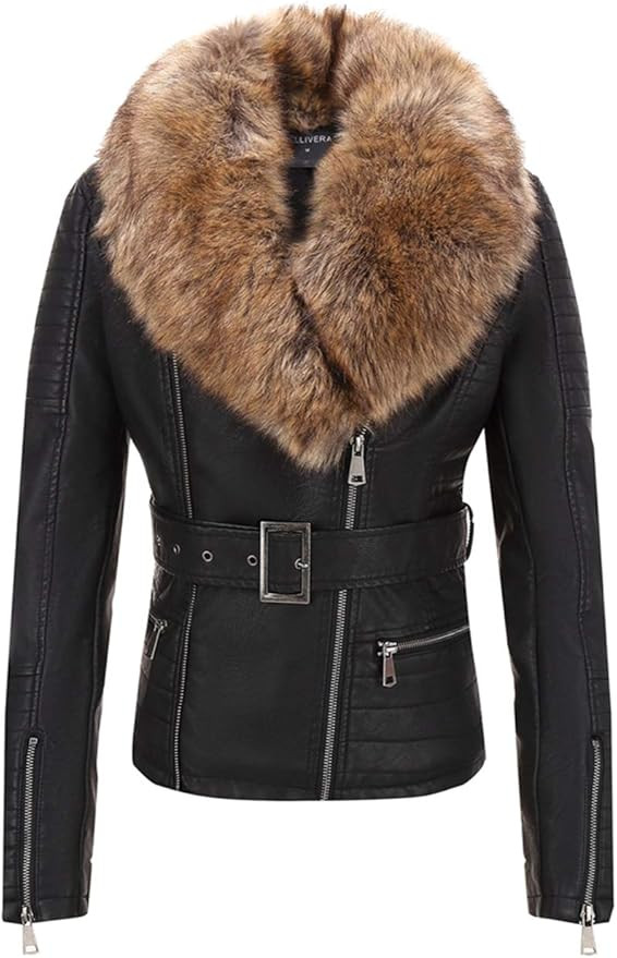 Bellivera Women's Faux Leather Short Jacket, Moto Jacket with Detachable Faux Fur Collar | Amazon (US)